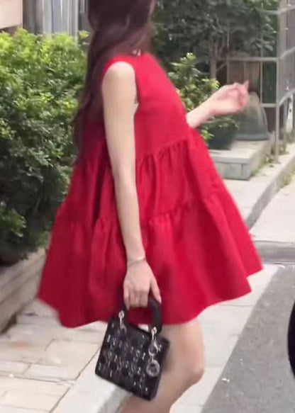 Brief Red Patchwork O-neck Mid Dresses Summer