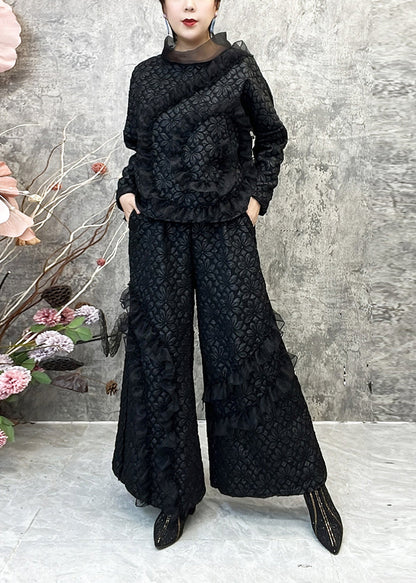 Original Coffee Ruffled Patchwork Tops and Pants Cotton Two Pieces Set Fall