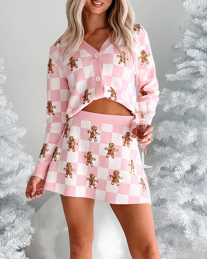 Christmas Polka Dot Pattern Knit Sweater Short Skirt Suit