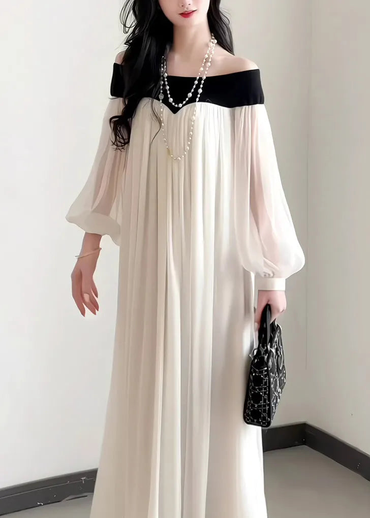 French Slash Neck Chiffon Dress Lantern Sleeves