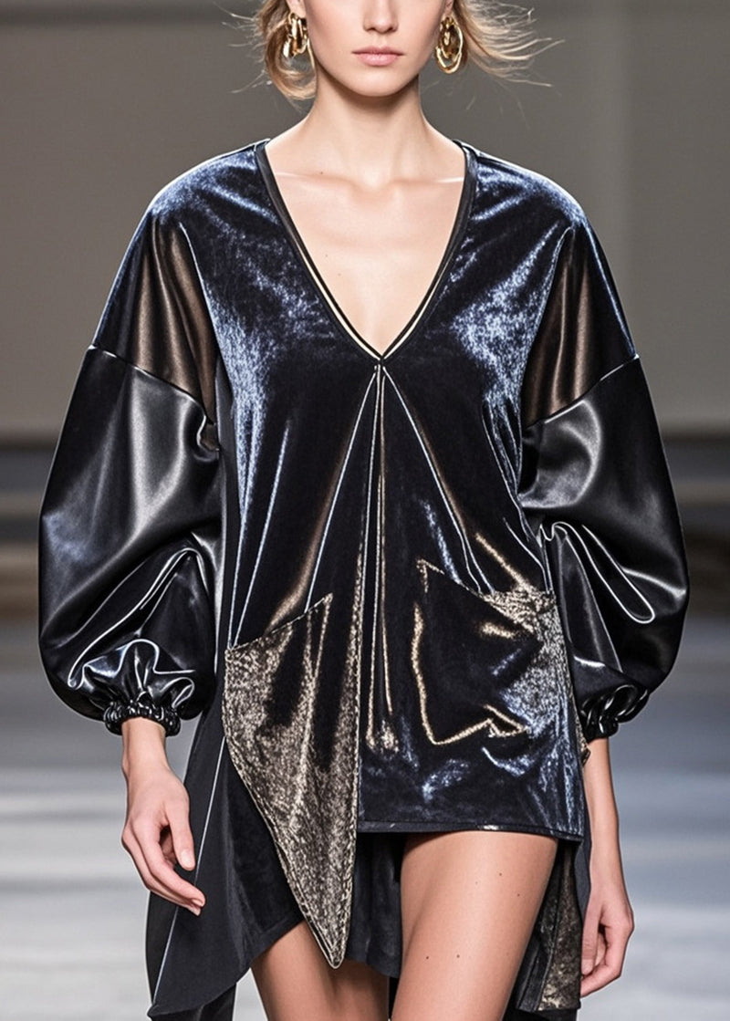 Original Design Black Asymmetrical Pu Patchwork Silk Velour Top Fall