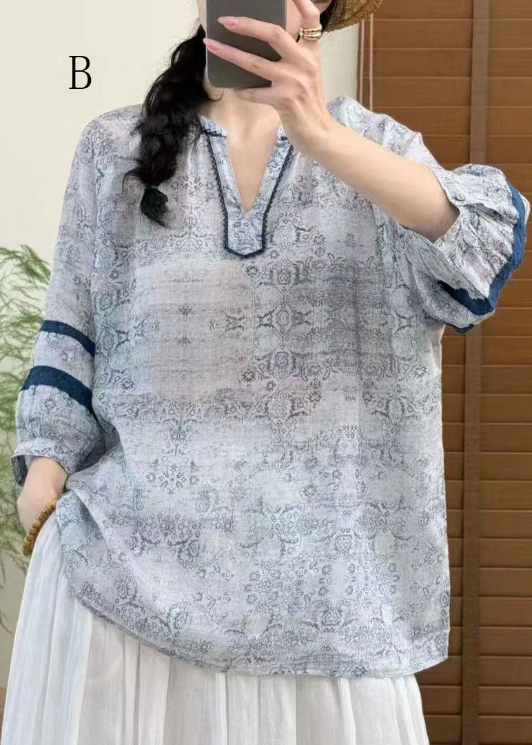 V Neck Print Linen Top Bracelet Sleeve