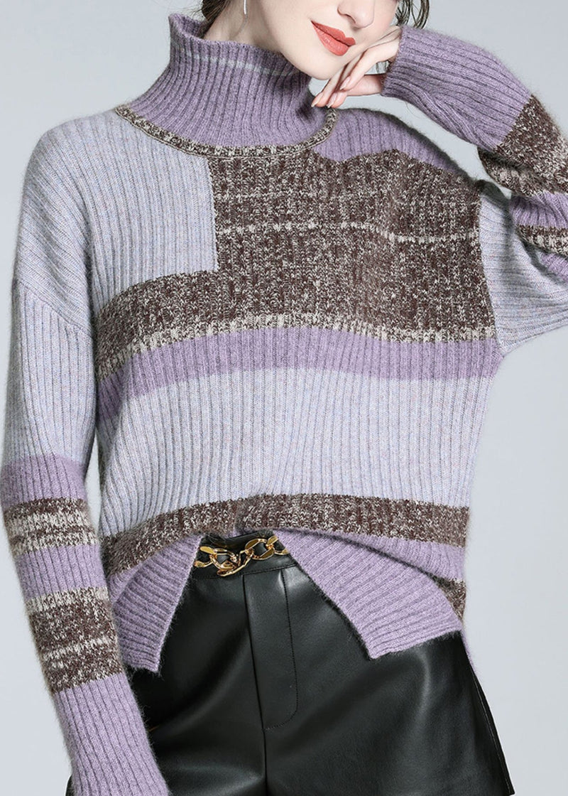 Brown Turtleneck Patchwork Cashmere Knit Sweaters Winter