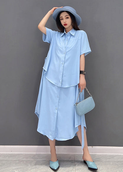 Stylish Blue Peter Pan Collar Patchwork Chiffon Fake Two Piece Shirt Dresses Short Sleeve