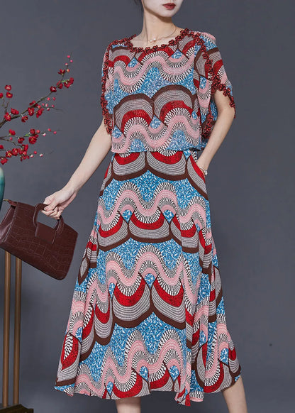 Fine Print Patchwork Chiffon Fake Two Piece Dresses Summer