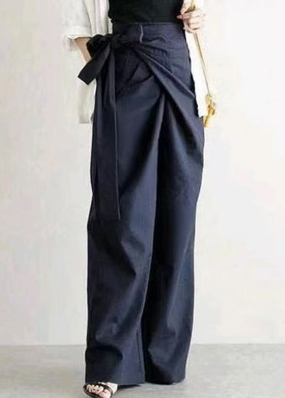 White Asymmetrical Side Tie Waist Linen Straight Pants Fall