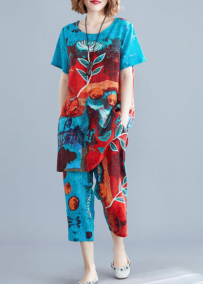 Blue O-neck Print Cotton Two Pieces Set Summer