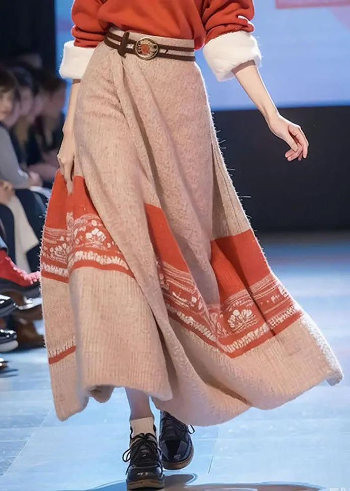 Art Red V Neck Print Cotton Knit Sweaters and Maxi Skirts Two Pieces Set Fall