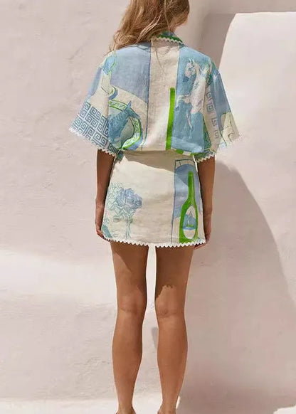 Peter Pan Collar Print Lace Up Cotton Two Piece Set Summer