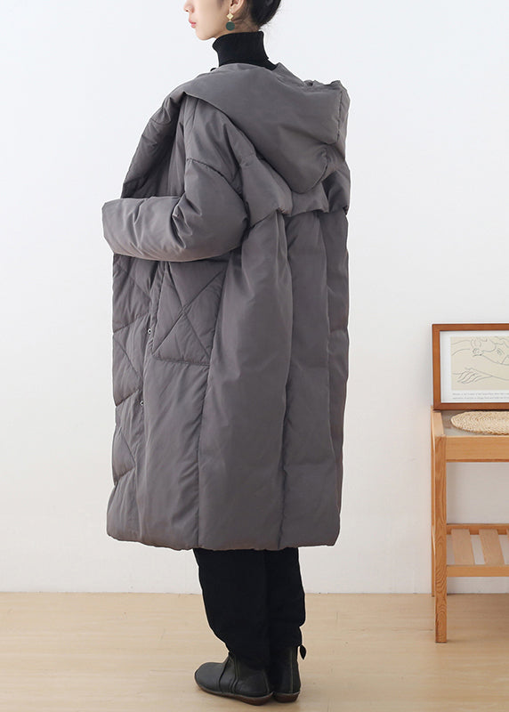 Grey Button Pockets Hooded Down Coat Long Sleeve