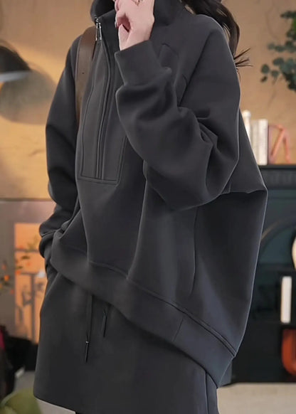Loose Dark Gray Zippered Sweatshirt and Skirts Cotton Two Pieces Set Fall
