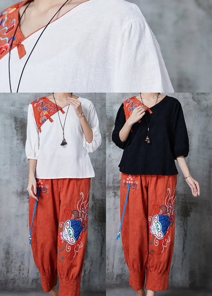 Black Embroidered Patchwork Linen Two Pieces Set Summer