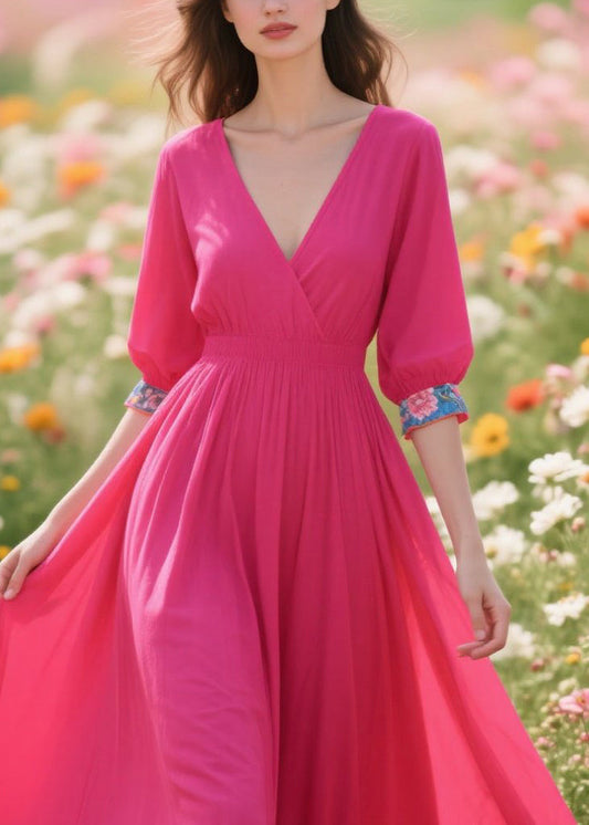 Rose V Neck Patchwork Cotton Vacation Dresses Summer