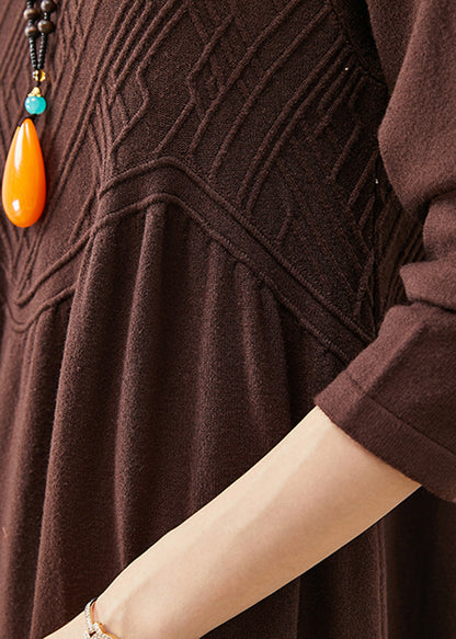 Chocolate Stand Collar Knit Holiday Dress Spring