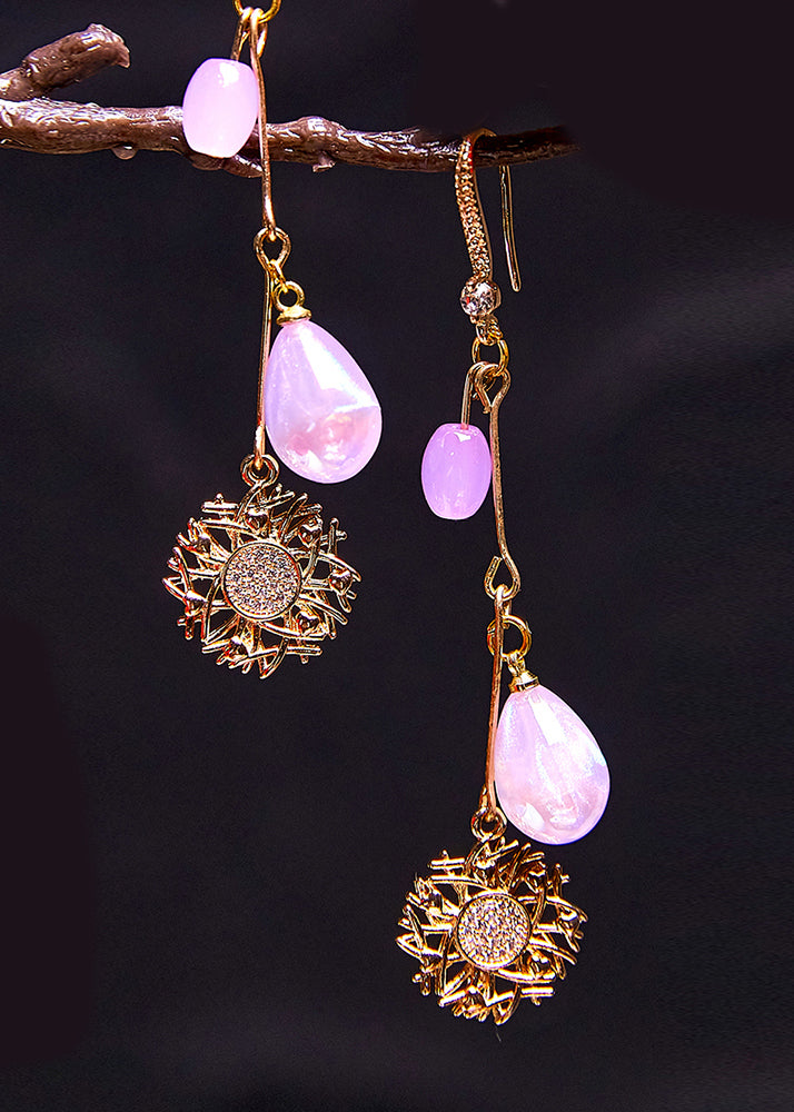 Style Purple Water Droplet Beads Sunflower 14k Gold Drop Earrings