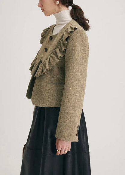 Original Brown O Neck Ruffled Fine Cotton Filled Woolen Jacket Winter