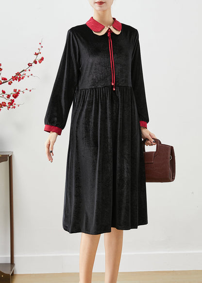 Black Double-layer Tasseled Silk Velour Dress Fall