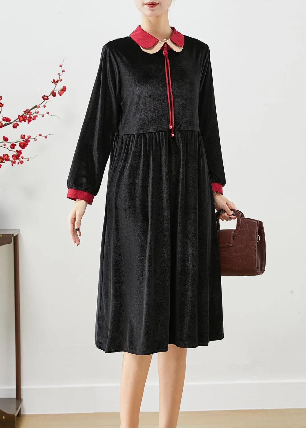 Black Double-layer Tasseled Silk Velour Dress Fall