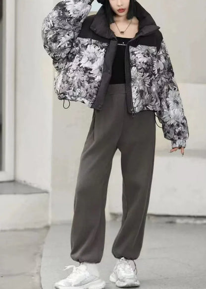 Black Oversized Print Duck Down Puffer Jacket Winter