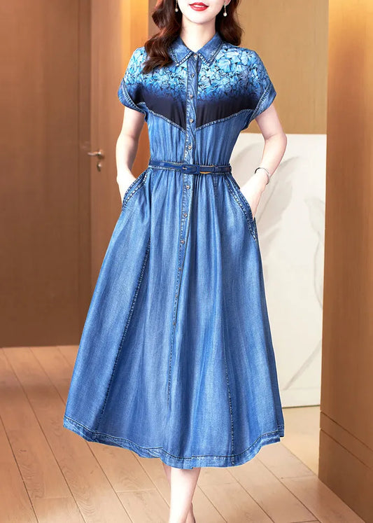 Blue Print Pockets Patchwork Denim Dress Summer