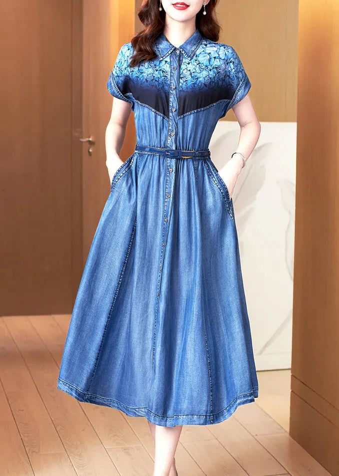 Blue Print Pockets Patchwork Denim Dress Summer