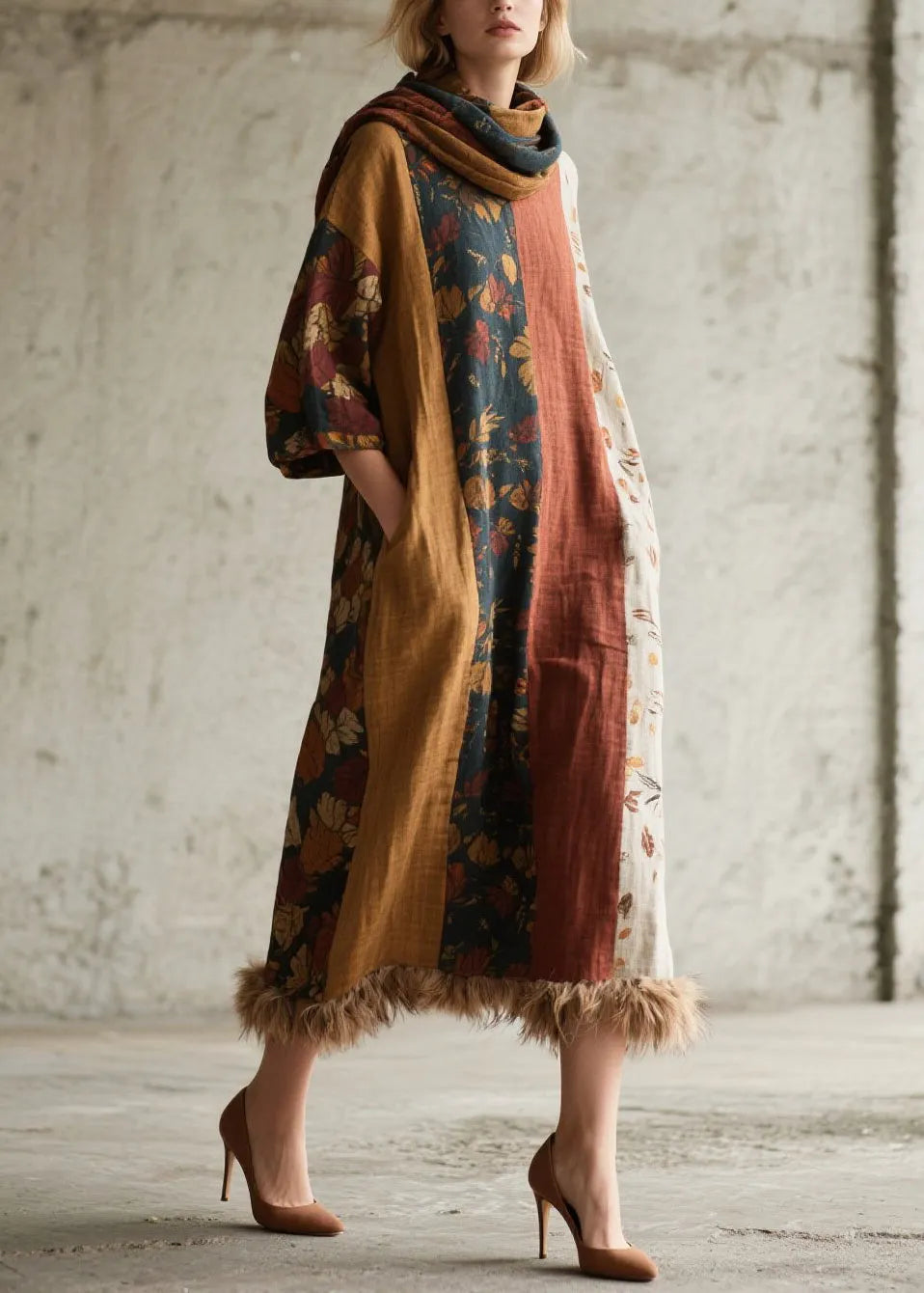 Mixed Color Patchwork Faux Fur Ankle Dress Oversized Fall
