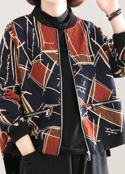 Red Stand Collar Pockets Print Fine Cotton Filled Witner Coat