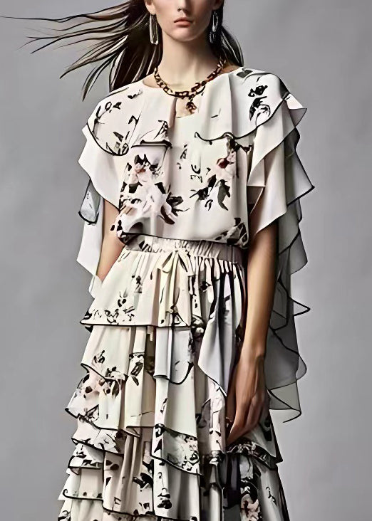 Black Ruffled Print Silk Two Pieces Set Summer
