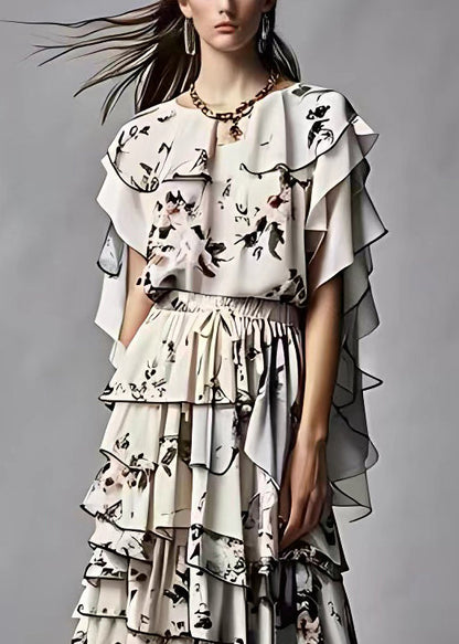 Black Ruffled Print Silk Two Pieces Set Summer