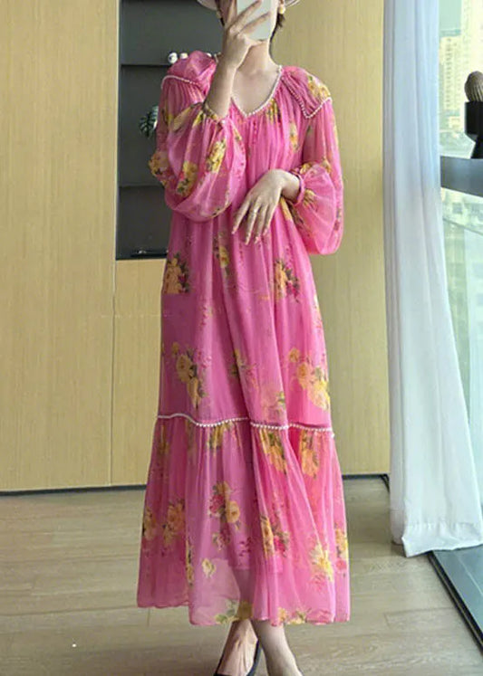 Pink V Neck Print Patchwork Chiffon Long Dresses Fall