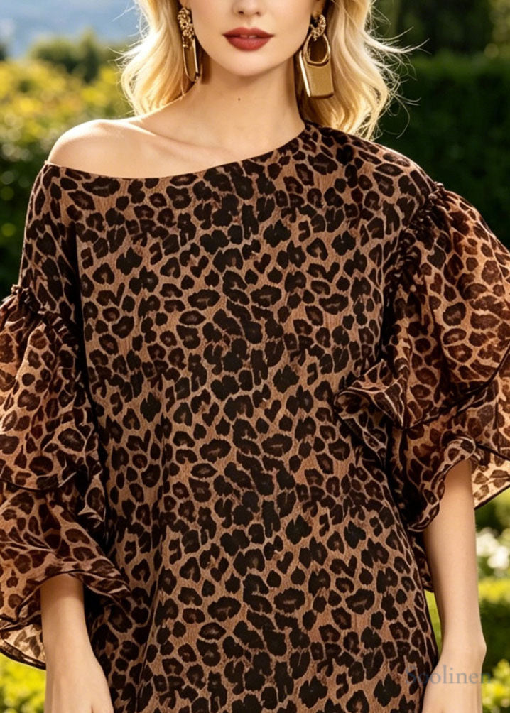 Khaki Leopard Print Cotton Mid Dress Butterfly Sleeve