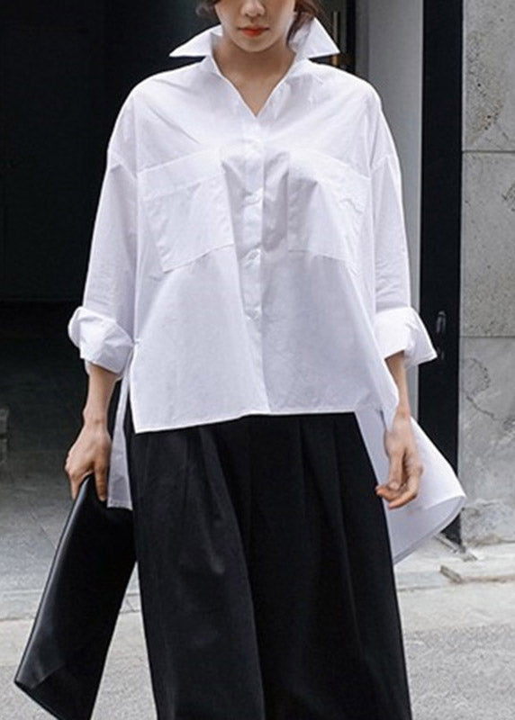 Natural White Peter Pan Collar Low High Design Button Pockets Cotton Shirts Long Sleeve Spring