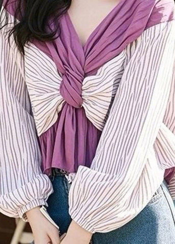 Colorblock V Neck Striped Wrinkled Shirt Puff Sleeve