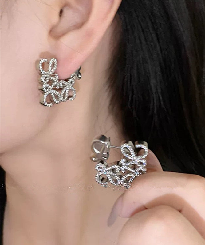Personalized Silver Geometric Hollow Zircon Square Earrings