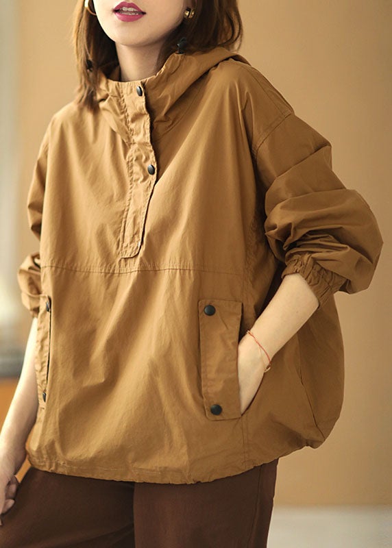 Khaki Hooded Button Pockets Fall Shirt Long Sleeve