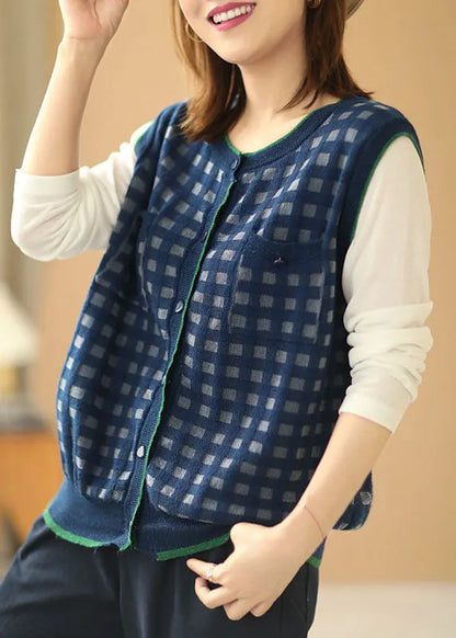 Natural Navy Plaid Button Pockets Fall Sleeveless Waistcoat