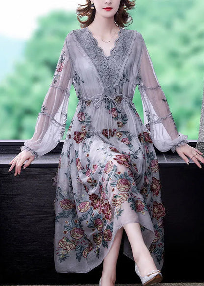 Grey V Neck Patchwork Print Tulle Cinched Dress Spring