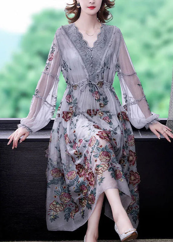 Grey V Neck Patchwork Print Tulle Cinched Dress Spring