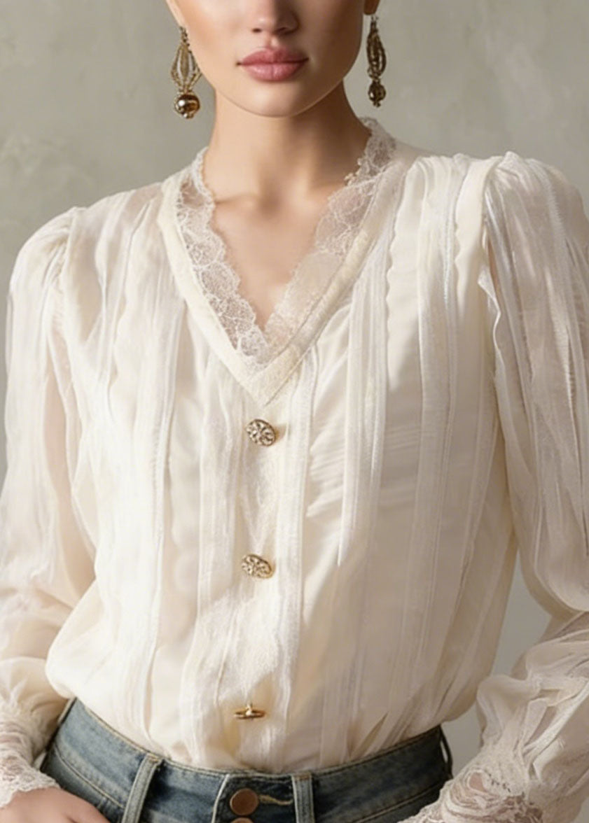 Modern Apricot V Neck Lace Patchwork Cotton Tops Spring