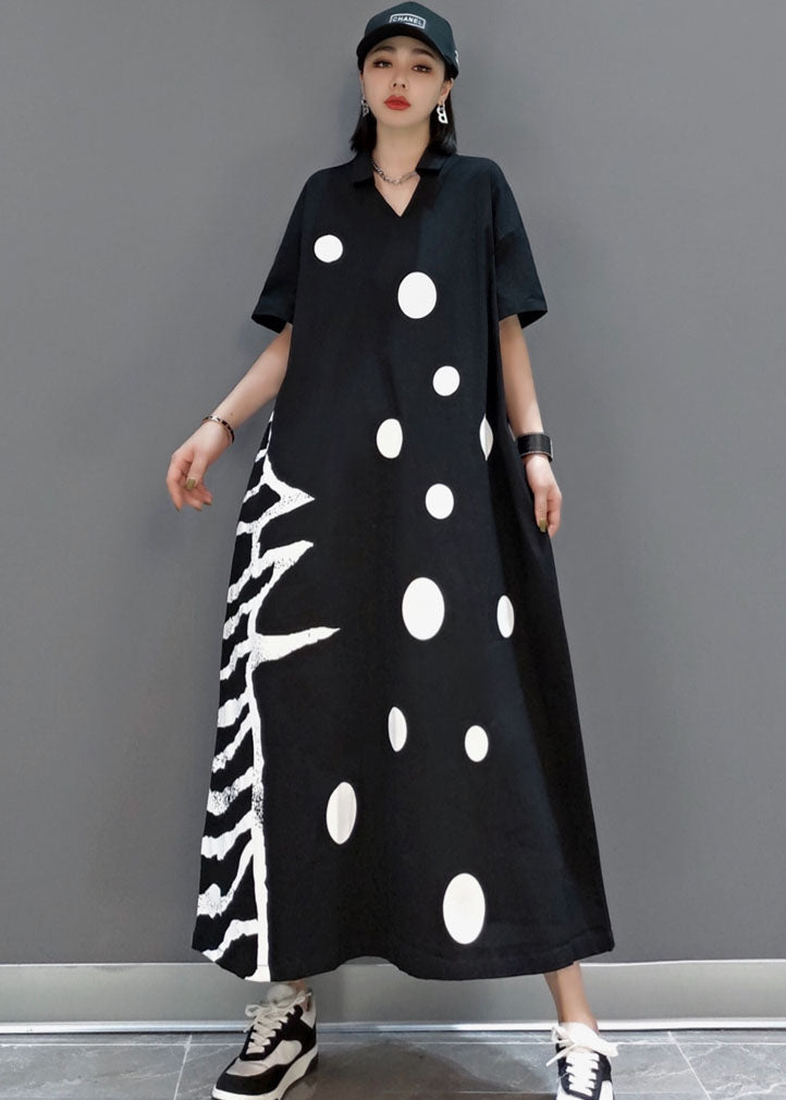 Black V Neck Dot a Line Skirts Half Sleeve