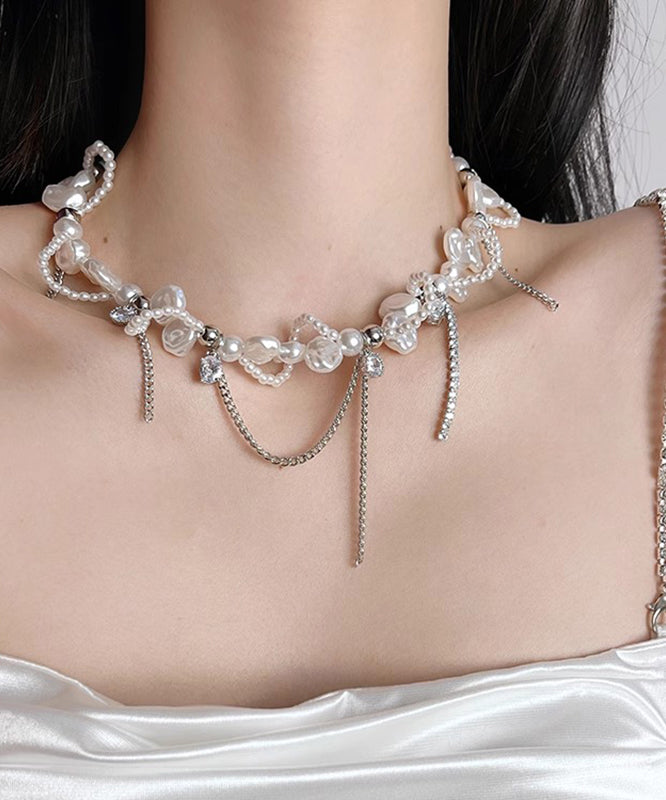 White Copper Zircon Pearl Chain Lariat Necklace