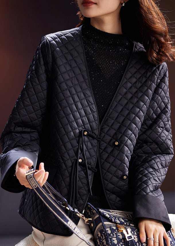 Black V Neck Button Thin Cotton Filled Coat Spring