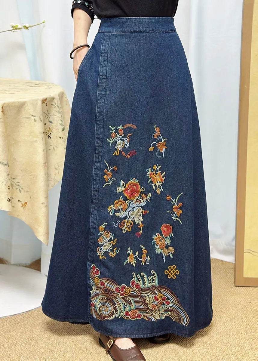 Blue Embroidered Denim a Line Skirt Summer