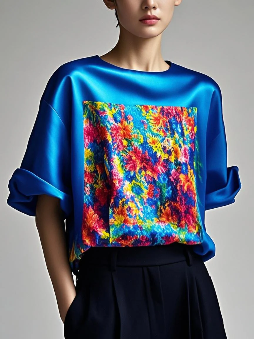 Fitted Pink Patchwork Silk Top Summer Short Sleeve