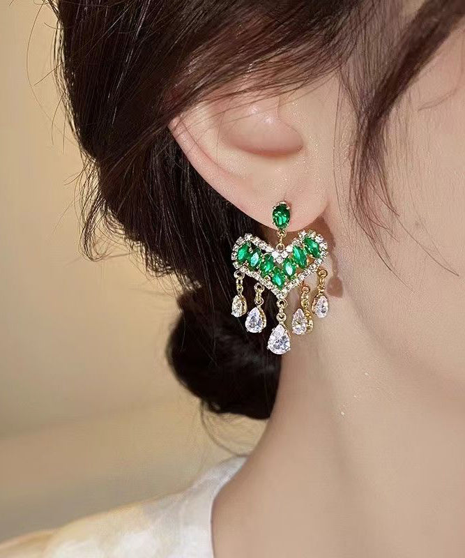 Light Green Zircon Heart-shaped Tassel Stud Earrings