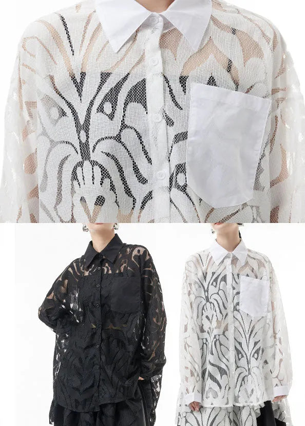 Simple Black Button Peter Pan Collar Patchwork Lace Shirts Spring