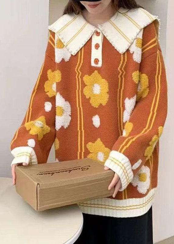 Simple Orange Peter Pan Collar Nail Bead Cotton Knit Sweaters Fall