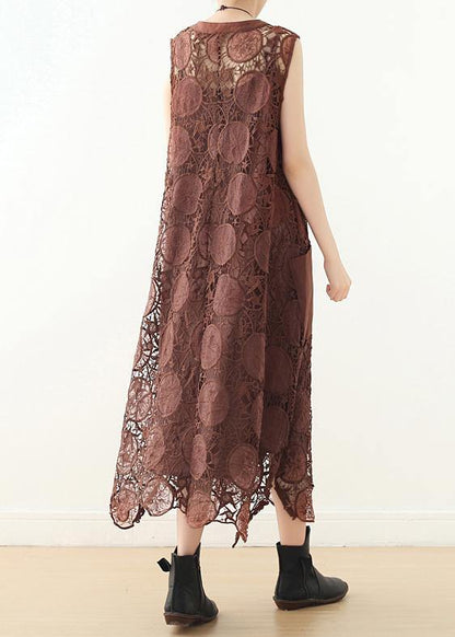 Organic Chocolate Sleeveless Cotton Tunics O Neck Lace Summer Dresses