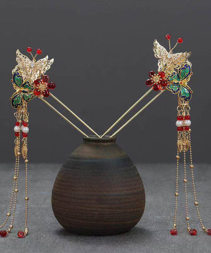 Chinese Style Copper Alloy Colored Glaze Butterfly Tassel a Pair Hairpin