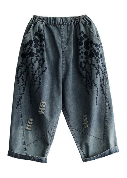 Grey Embroideried Hole Pockets Cotton Denim Crop Pants Summer